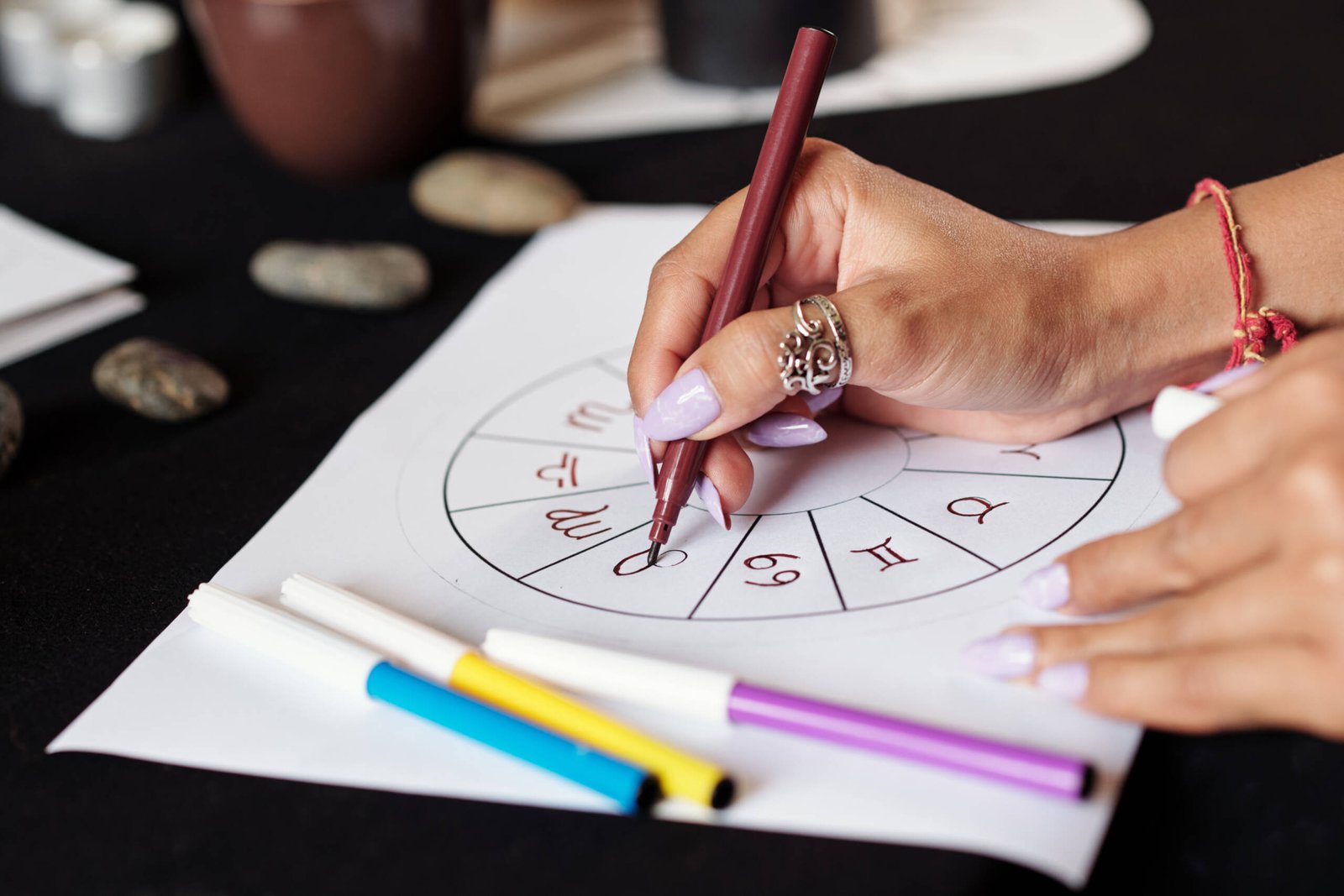 Astrologer Creating Natal Card Closeup image of astrologer creating natal card for client to get answer to her question